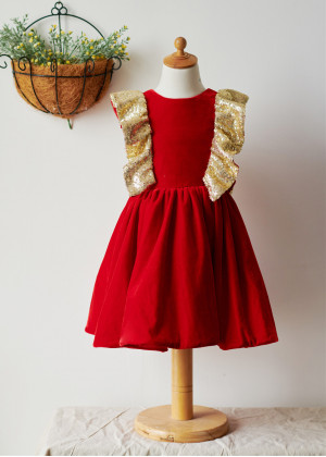 Ruffle Flutter Sleeves Red Velvet Gold Sequin V Back Flower Girl Dress